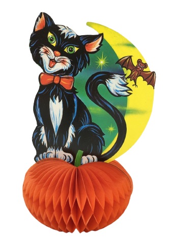 Black and White Cat Sitting on Pumpkin Honeycomb Centerpiece Decoration