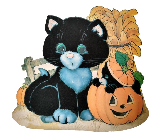 Tuxedo Cat and Kitten Pumpkins Fuzzy Halloween Die Cut Decoration