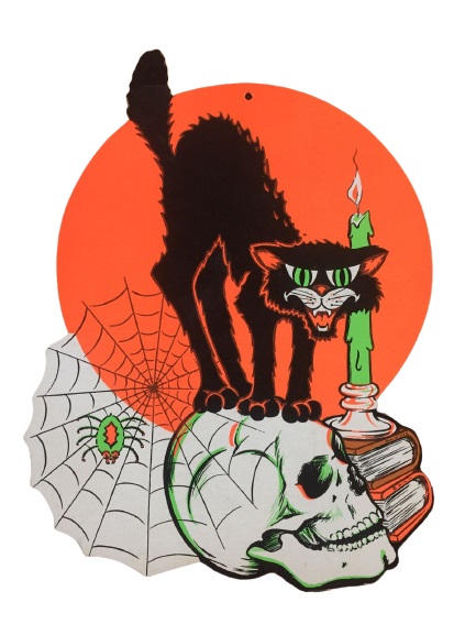 Vintage Beistle Black Cat on Skull with Spider Decoration