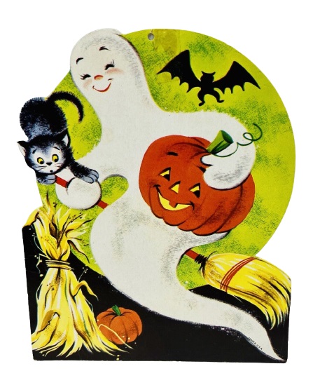 Vintage Eureka Halloween Decoration Ghost on Broomstick holding Cat and Pumpkin