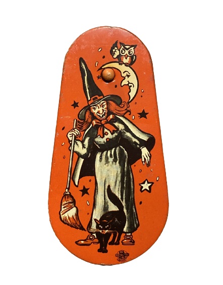 Vintage Halloween Noisemaker Witch with Black Cat and Owl on Moon
