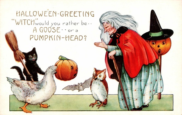 Goose with Pumpkin Head greeted by Cat Owl Witch Halloween Postcard