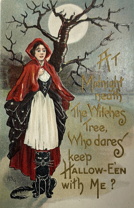 Lady Red Cape and Cat Vintage Halloween Postcard