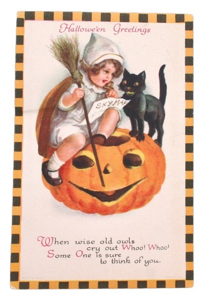 Vintage Halloween Postcard Girl and Cat with Sky Map