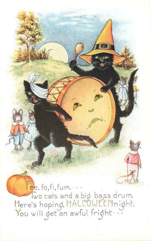 Vintage Halloween Postcard Whitney Cat playing Drum