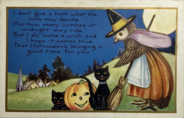 Vintage Halloween Postcard Whitney Owl Witch with cats and Jack O Lantern