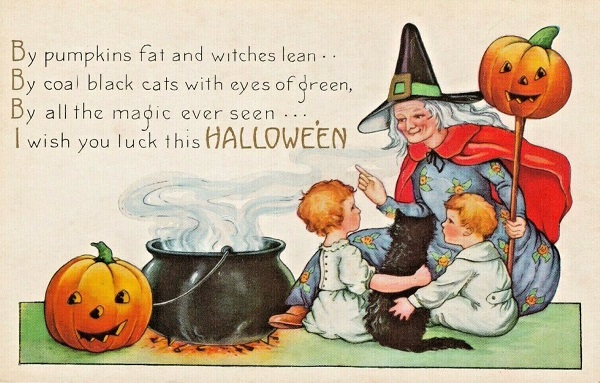 Vintage Whitney Halloween Postcard Witch with Children and Cat